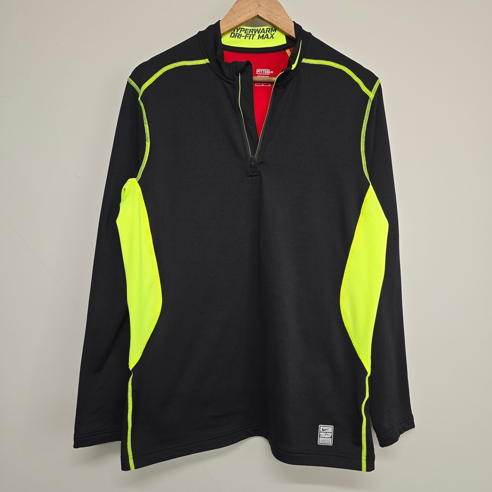 Nike‎ Pro Combat Hyperwarm Dri-FIT Max Mens Large Black Neon Yellow Quarter Zip